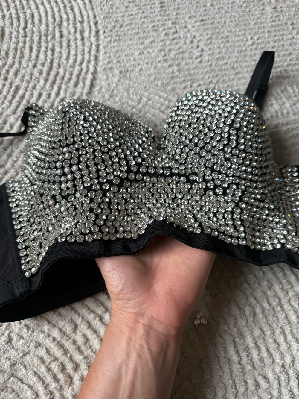 Embellished Black Diamond Rhinestone Bustier Crop Top Push Up Bra Size Large - Picture 8 of 16